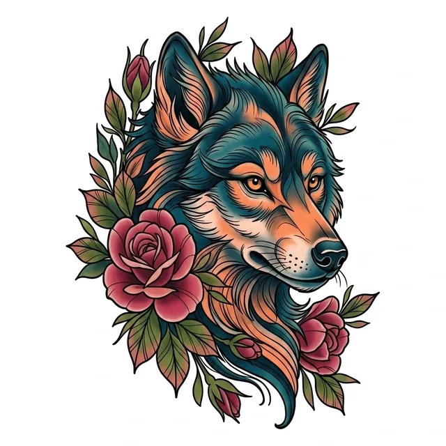 neo traditional Wolf tattoo design, in colour