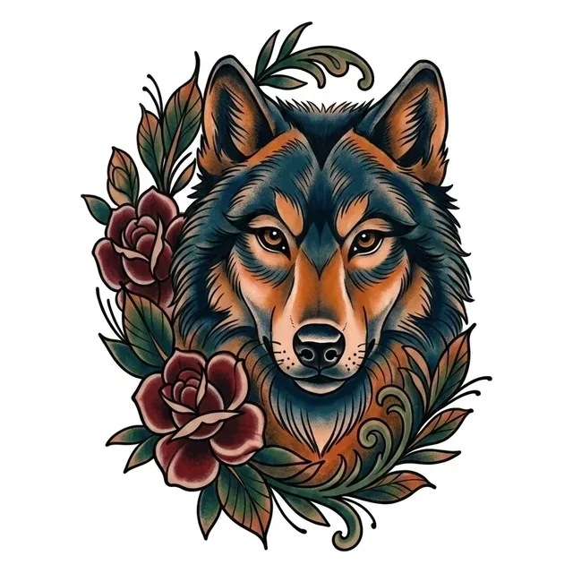 neo traditional Wolf tattoo design, in colour
