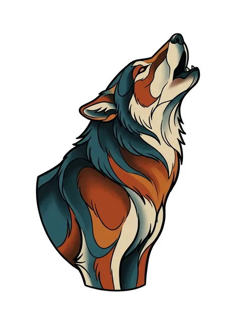 neo traditional Wolf tattoo design, in colour