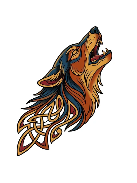 neo traditional Wolf tattoo design, in colour