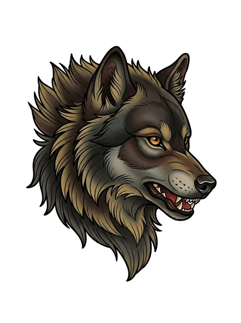 neo traditional Wolf tattoo design, in colour