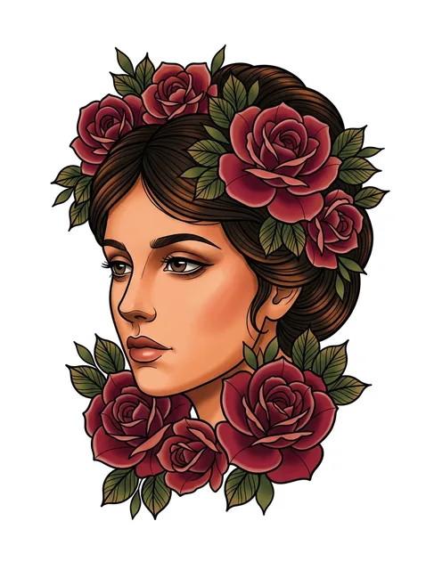Color neo traditional woman portrait and rose tattoo design