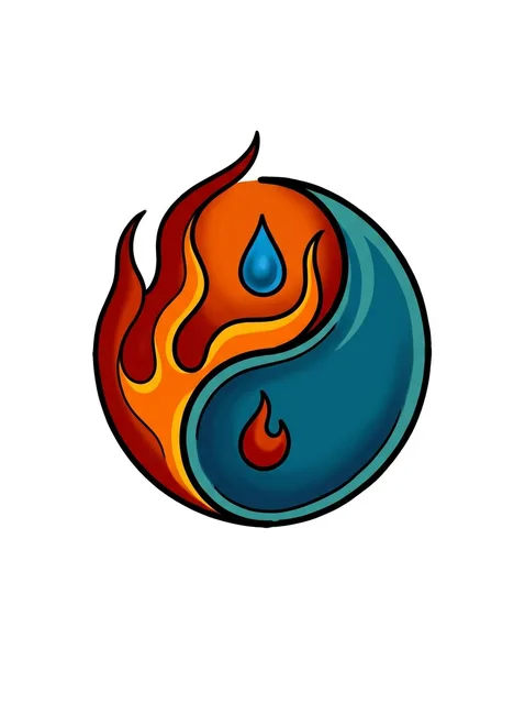 Color neo traditional fire and yin yang tattoo design: a yin-yang symbol, with one half