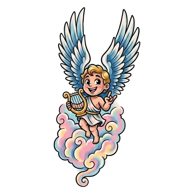 Color new school cloud and angel tattoo design