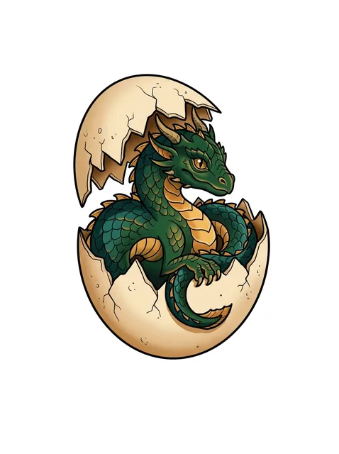 Color new school dragon tattoo design: a baby dragon hatching from an egg