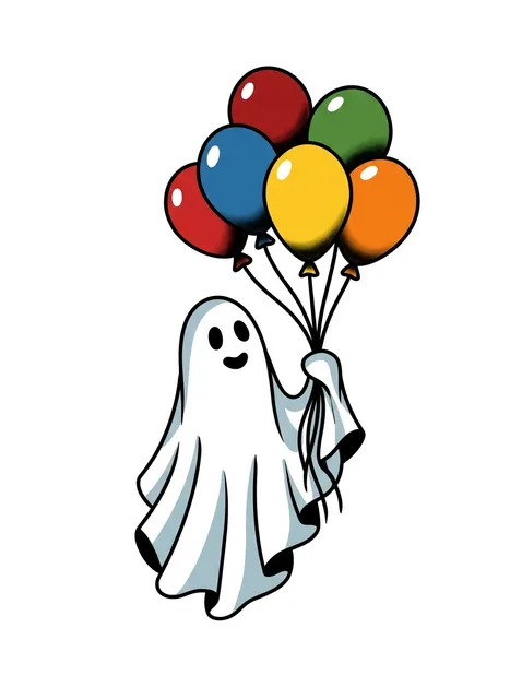 Color new school ghost tattoo design: a friendly white ghost holding a vibrant bunch of balloons