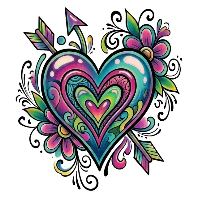 Color new school heart and flower tattoo design: a glossy, layered heart pierced by a colorful arrow