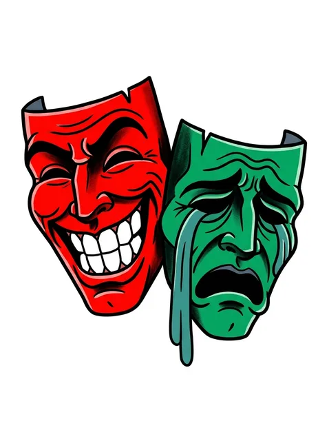 Color new school laugh now cry later tattoo design: two cartoon theatre masks, a red one