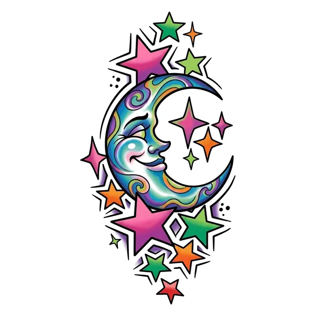 Color new school moon and star tattoo design