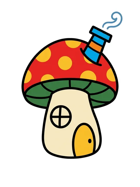 Color new school mushroom tattoo design: a cartoon mushroom house