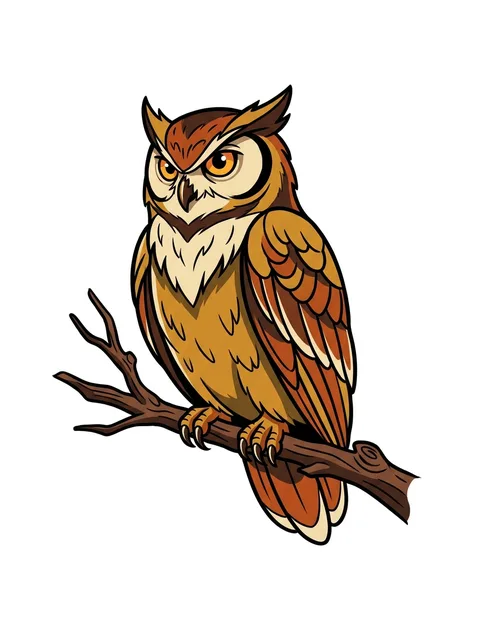 Color new school owl tattoo design: an owl perched on a branch