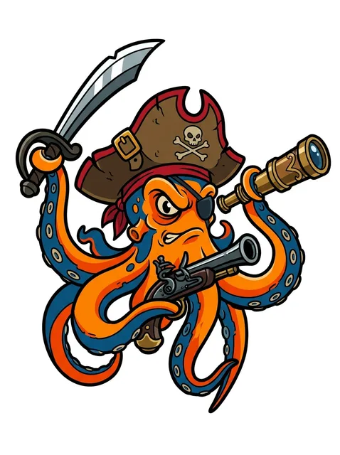Color new school pirate and octopus tattoo design