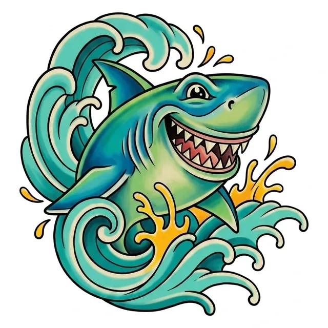 Color new school wave and shark tattoo design