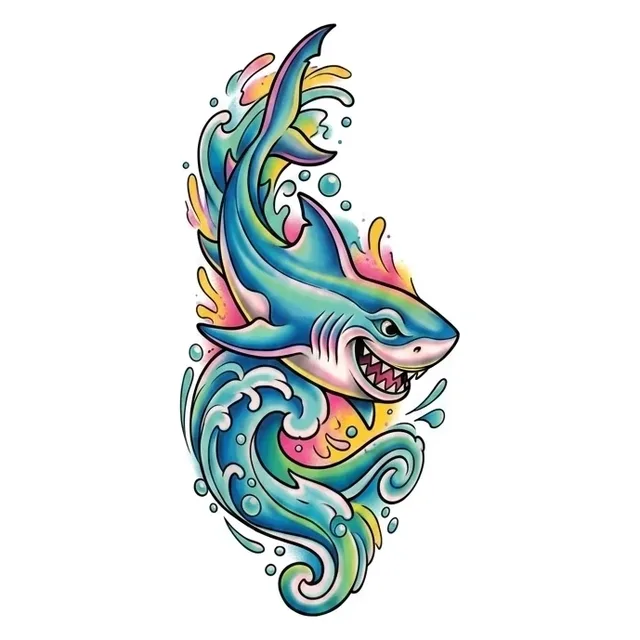 Color new school wave and shark tattoo design: a dynamic shark emerging from colorful waves