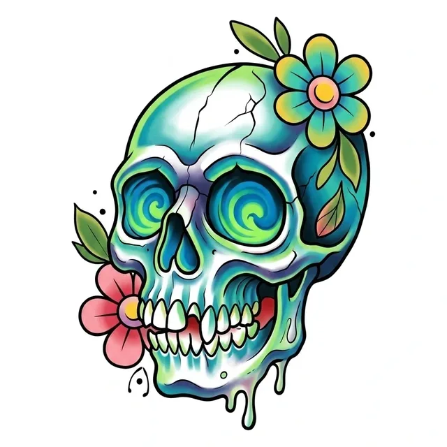 Color new school skull and flower tattoo design