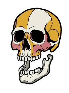 Color new school skull tattoo design: a human skull with an open jaw