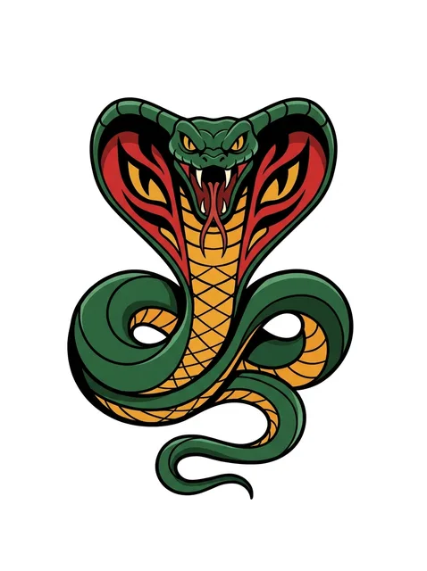 Color new school snake tattoo design: a cobra with its hood spread, ready to strike