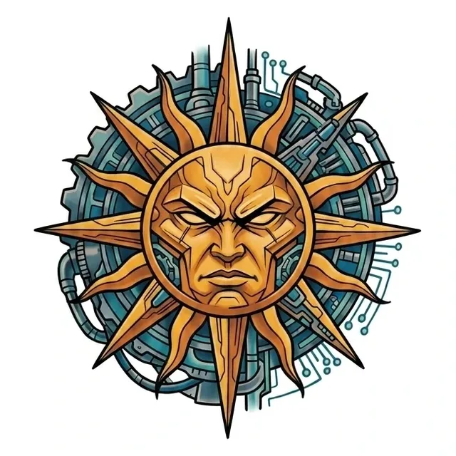 Color new school sun tattoo design: a stylized sun with an angry, robotic face at its center