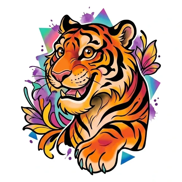Color new school tiger and flower tattoo design