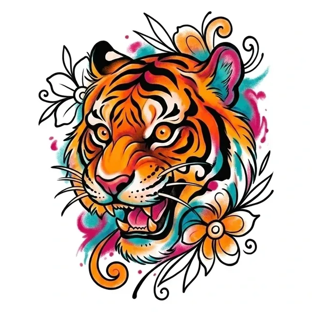 Color new school tiger and flower tattoo design