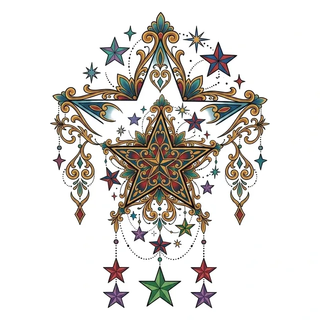 Color ornamental star and mandala tattoo design