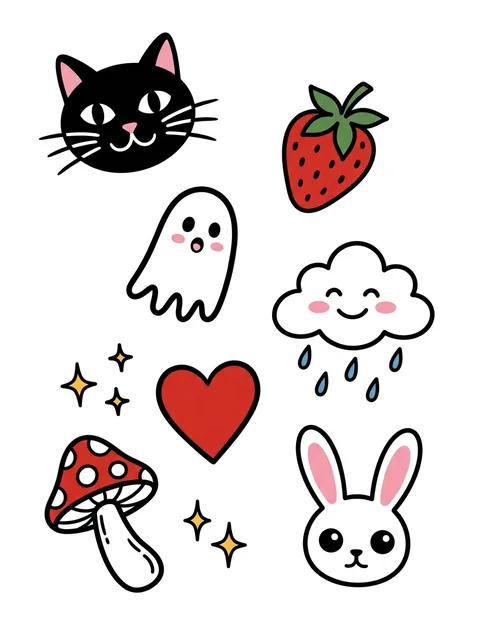 Color patchwork cat and heart tattoo design