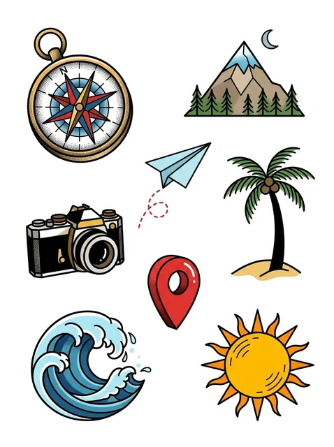 Color patchwork compass and mountain tattoo design