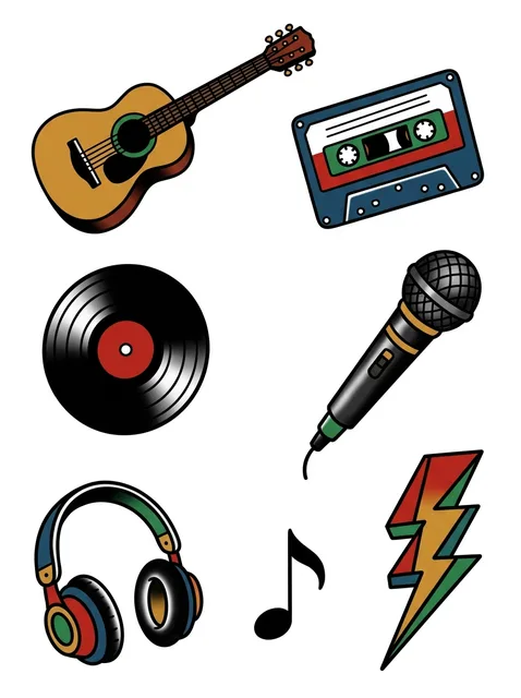 Color patchwork guitar and music note tattoo design