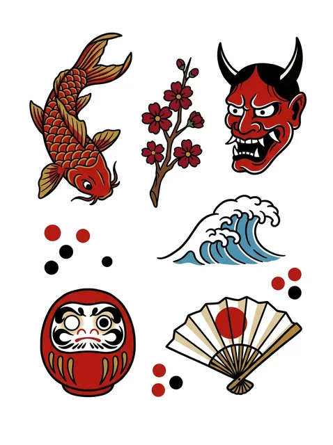 Color patchwork koi and demon tattoo design