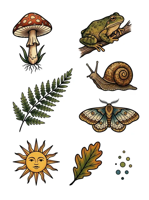 Color patchwork mushroom and frog tattoo design
