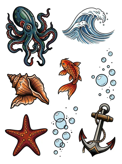 Color patchwork octopus and wave tattoo design