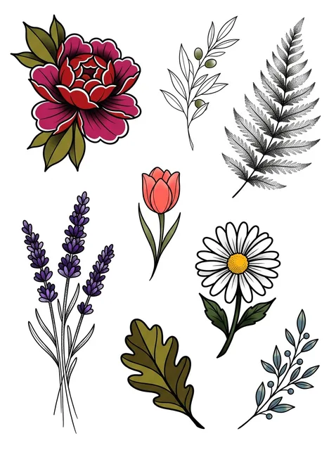Color patchwork fern and peony tattoo design