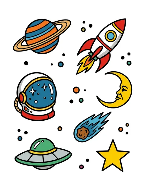Color patchwork planet and moon tattoo design: a face and blue comet lead this space patchwork