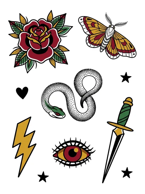 Color patchwork rose and moth tattoo design