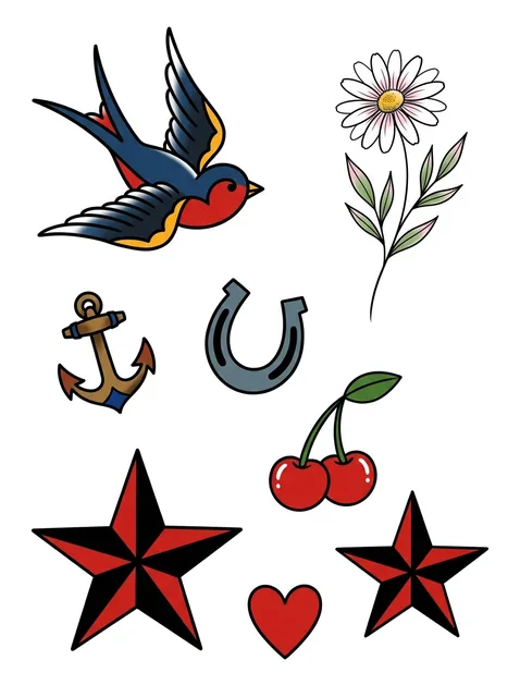 Color patchwork swallow and star tattoo design