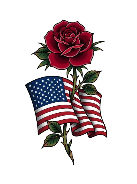 Color traditional american flag and rose tattoo design