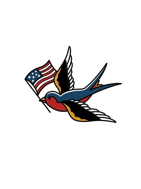 Color traditional american flag and swallow tattoo design: a swallow in flight, the bird