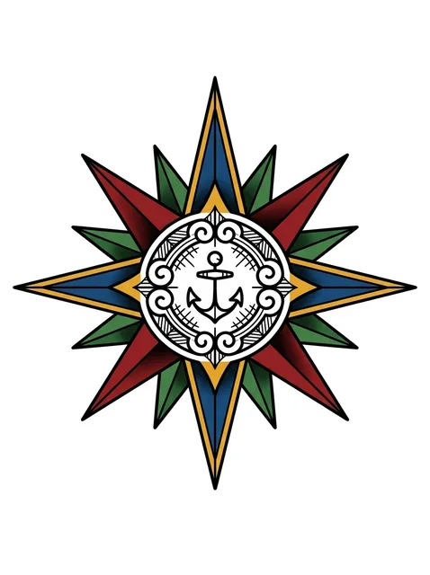 Color traditional anchor and compass tattoo design: a compass rose with an anchor at its center