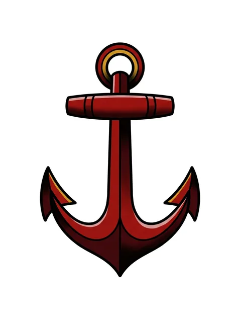 Color traditional anchor tattoo design: a bold red anchor with yellow accents
