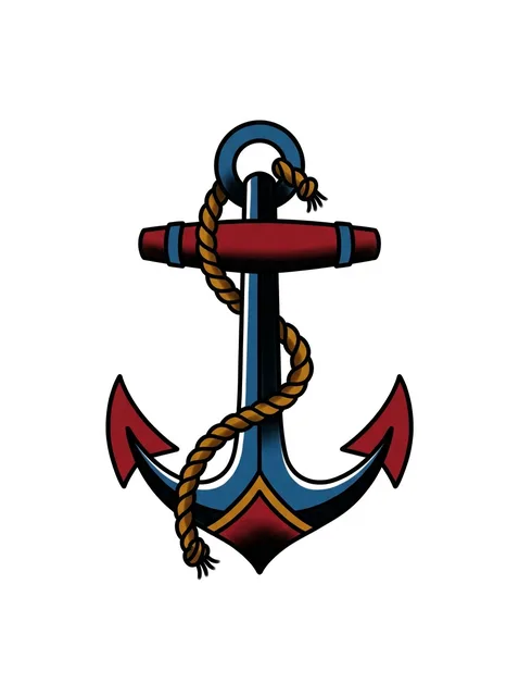 Color traditional anchor tattoo design: a vibrant anchor with a rope wrapped around it