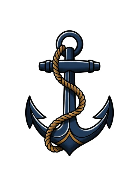 Color traditional anchor tattoo design: a dark blue anchor with a golden rope wrapped around it