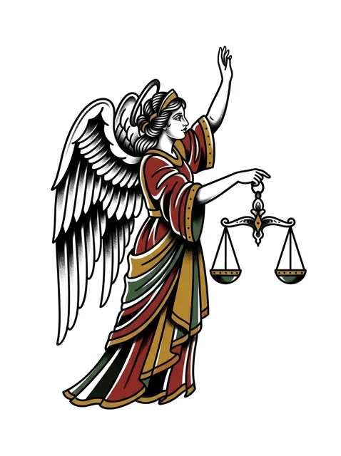 Color traditional angel and libra tattoo design: an angel holding the scales of justice