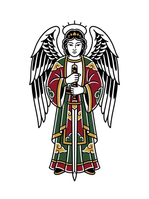 Color traditional angel and sword tattoo design