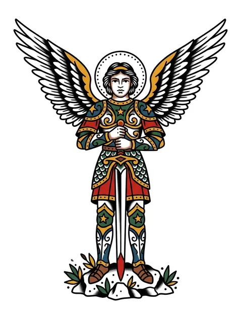 Color traditional sword and angel tattoo design: an angel in full armor, holding a sword