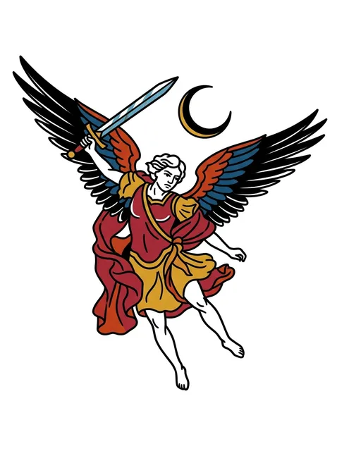 Color traditional angel of death and sword tattoo design