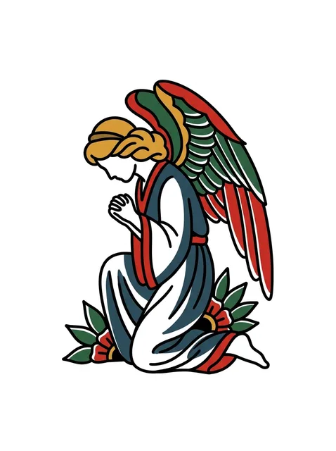 Color traditional angel tattoo design: a kneeling angel with hands clasped in prayer