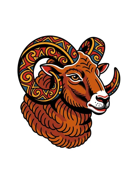 Color traditional aries and goat tattoo design