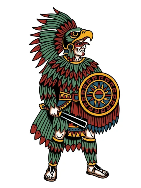 Color traditional aztec and eagle tattoo design