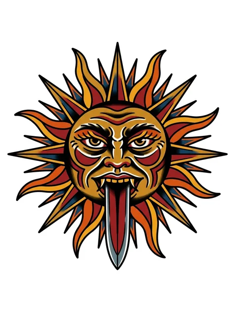 Color traditional aztec and sun tattoo design: a fierce stylized face, its tongue