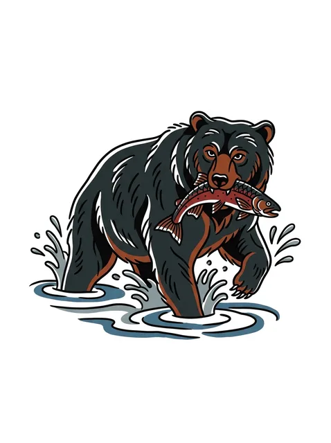 Color traditional bear and fish tattoo design